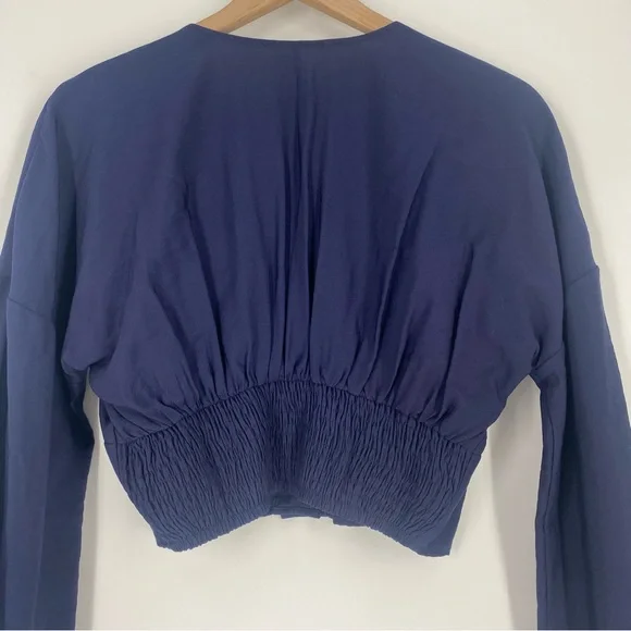 FREE PEOPLE Forever Yours Long Sleeve Button Front V-Neck Blue Cropped Top - Picture 3 of 8